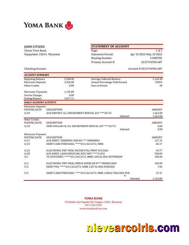 Myanmar Yoma bank statement Excel and PDF